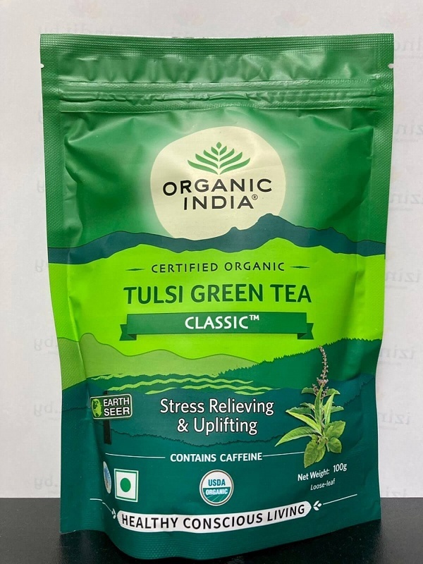 ORGANIC INDIA Green tea Tulsi Зеленый чай Тулси для повышения общего тонуса организма и иммунитета 100г